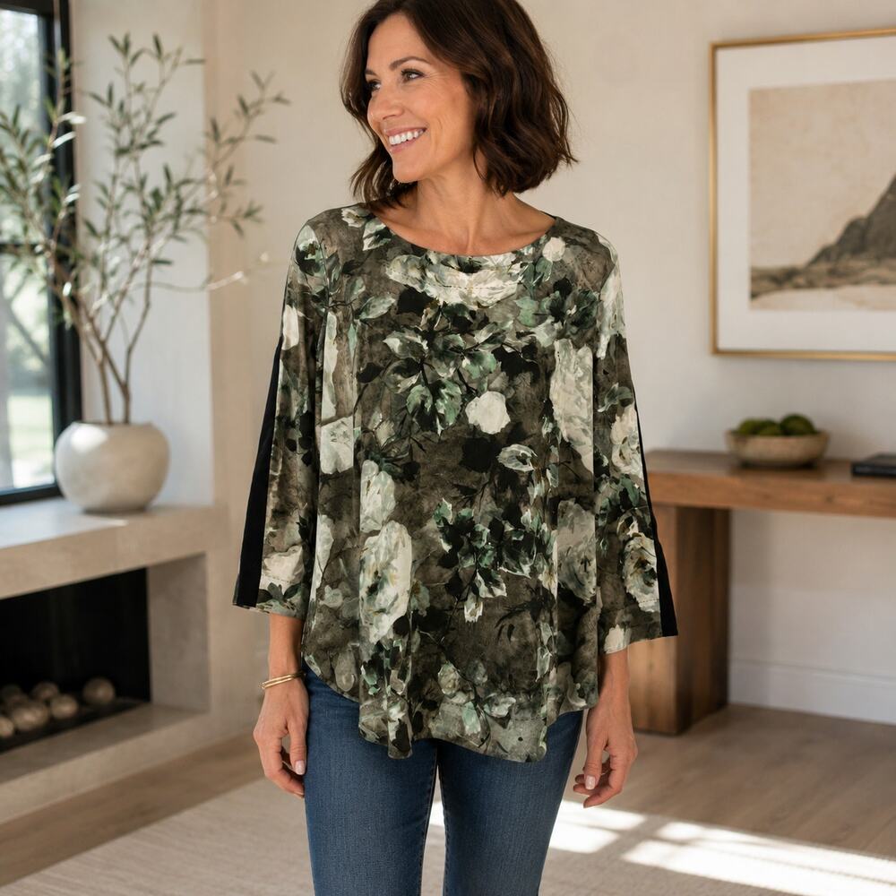 NWT Marina Rinaldi Camicia Floral Front Viscose Shirt Half Sleeve Women's 16